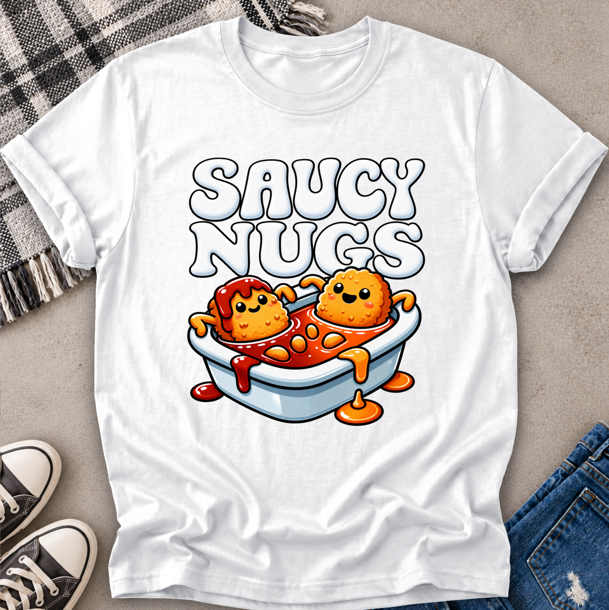 A white short-sleeve graphic T-shirt laid flat on a light gray surface, styled with a plaid blanket, sneakers, and jeans. The shirt features a cartoon graphic of two orange nuggets sitting in a bathtub filled with red sauce, with the text 'SAUCY NUGGTS' above them.