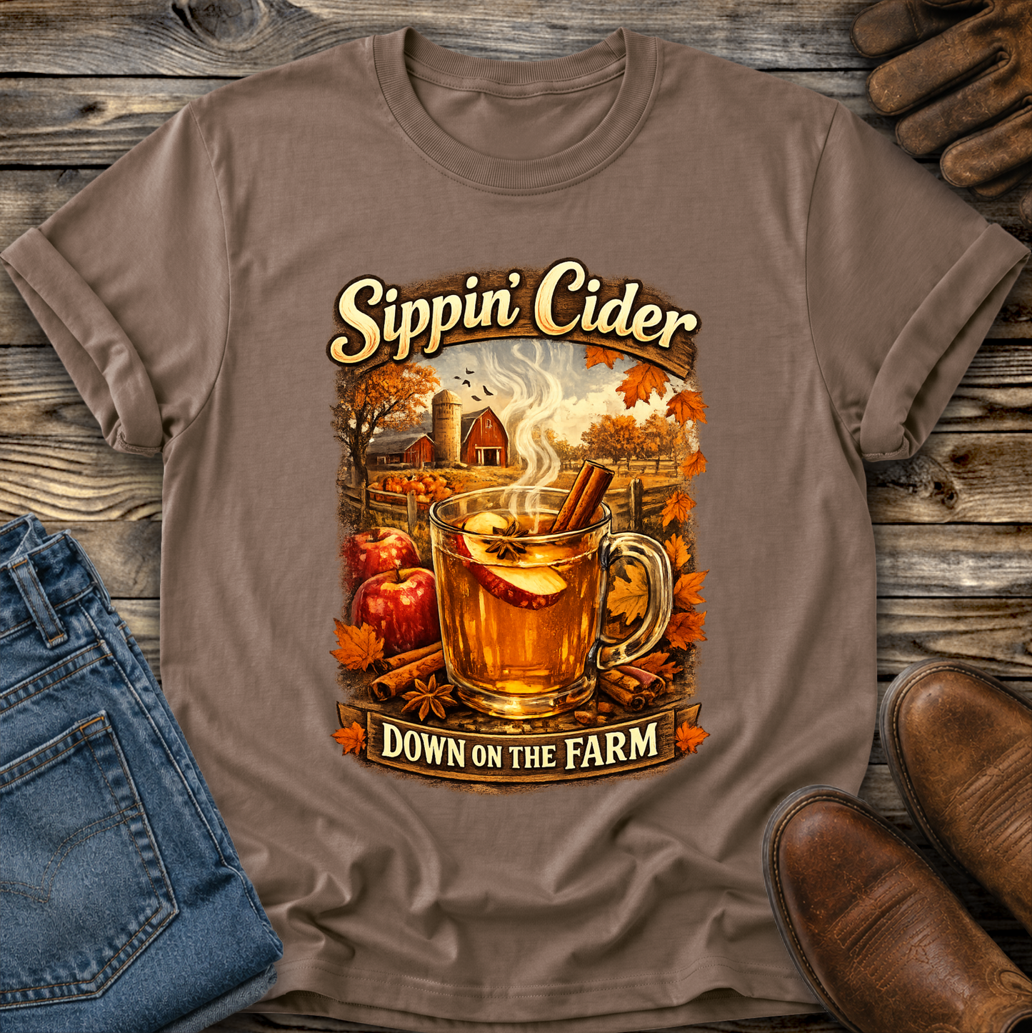 brown tshirt with fall autumn farm scene with a glass of apple cider graphic that says sippin cider down on the farm