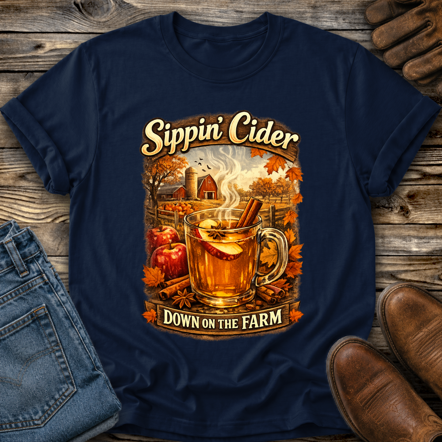 navy tshirt with fall autumn farm scene with a glass of apple cider graphic that says sippin cider down on the farm