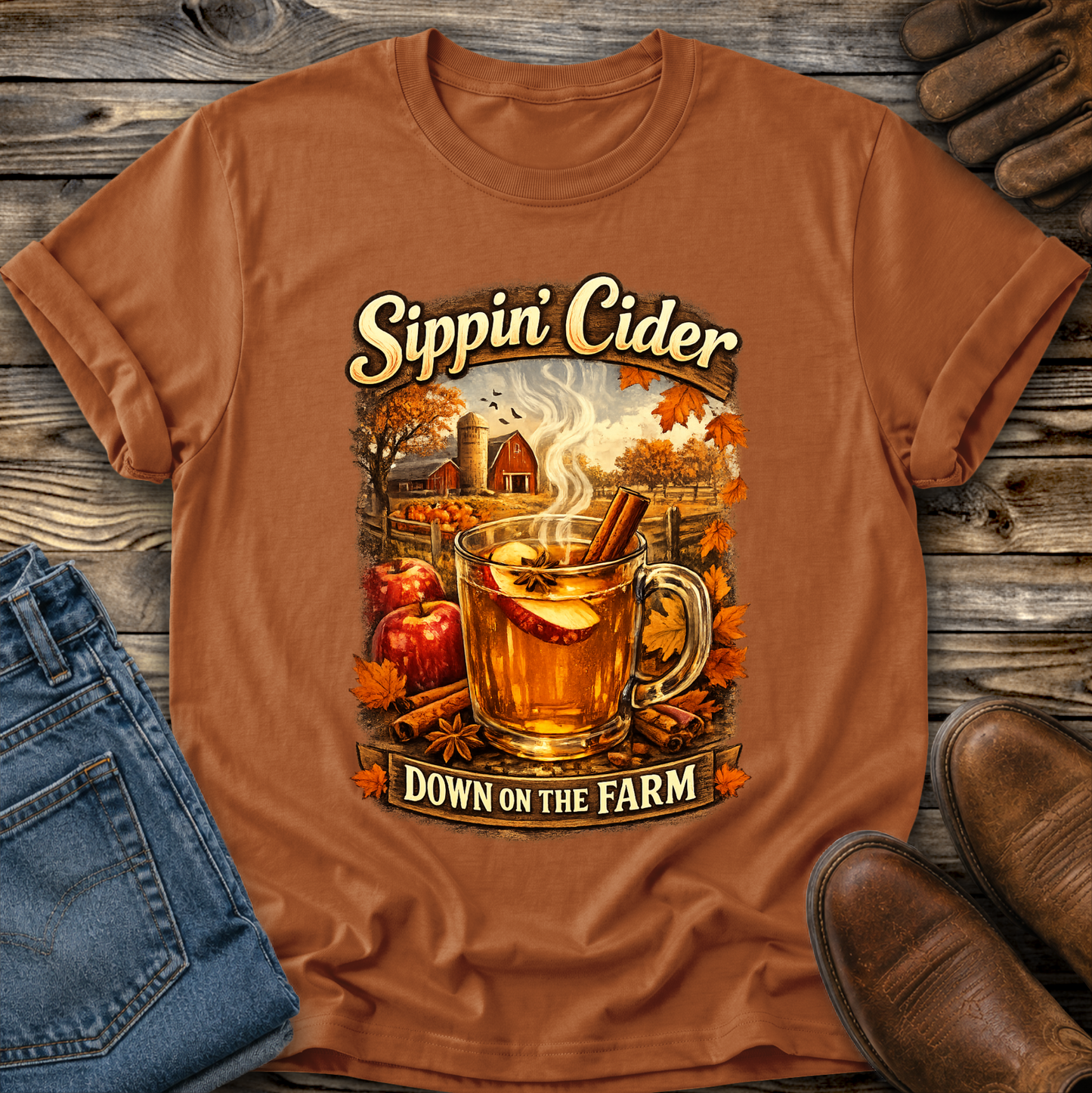 orange tshirt with fall autumn farm scene with a glass of apple cider graphic that says sippin cider down on the farm