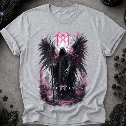 A light heather gray t-shirt featuring a gothic graphic of a hooded grim reaper with large black wings, holding a staff, surrounded by pink petals and the text  'Sleep Token'.