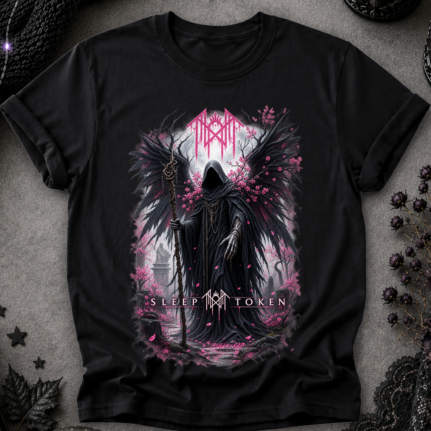A black short-sleeve graphic t-shirt laid flat on a textured gray surface with gothic decorative props. The shirt features a detailed graphic of a hooded grim reaper figure with large black wings, pink floral accents, and the text 'SLEEP TOKEN' at the bottom.