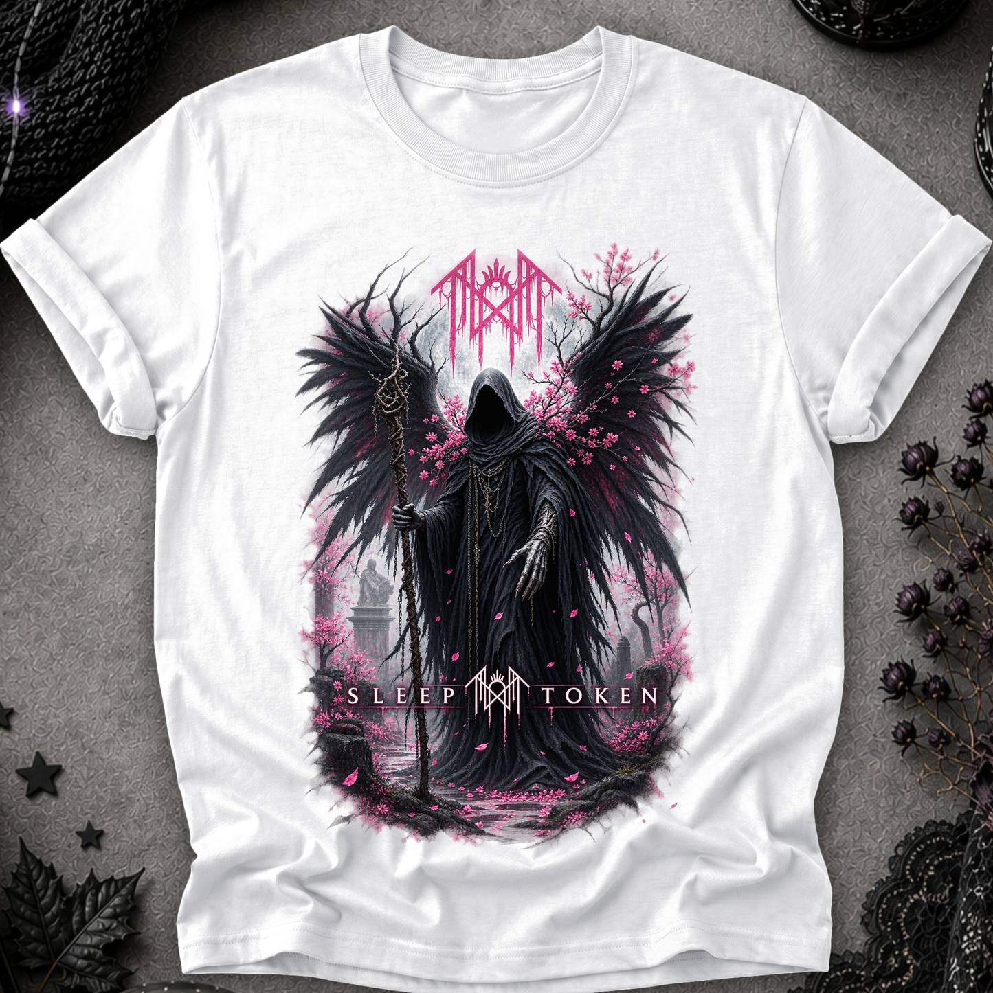 reaper angel sleep token graphic on a white tshirt