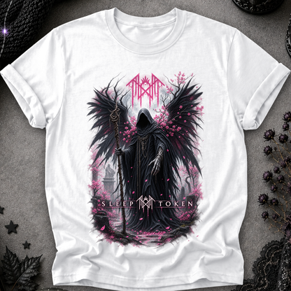 reaper angel sleep token graphic on a white tshirt