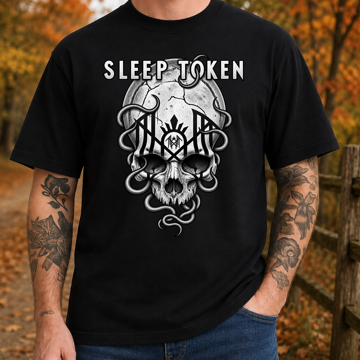 A man wearing a black graphic t-shirt with a white and gray skull design and the text 'SLEEP TOKEN' on the chest, set against an autumn outdoor background.