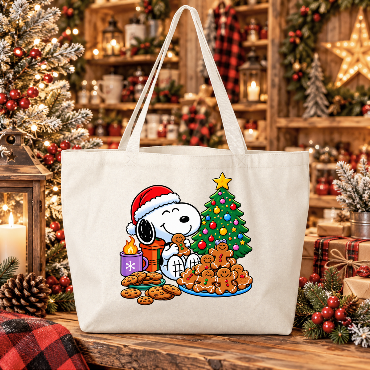 Snoopy Christmas Cookies Graphic Reusable Canvas Tote Bag