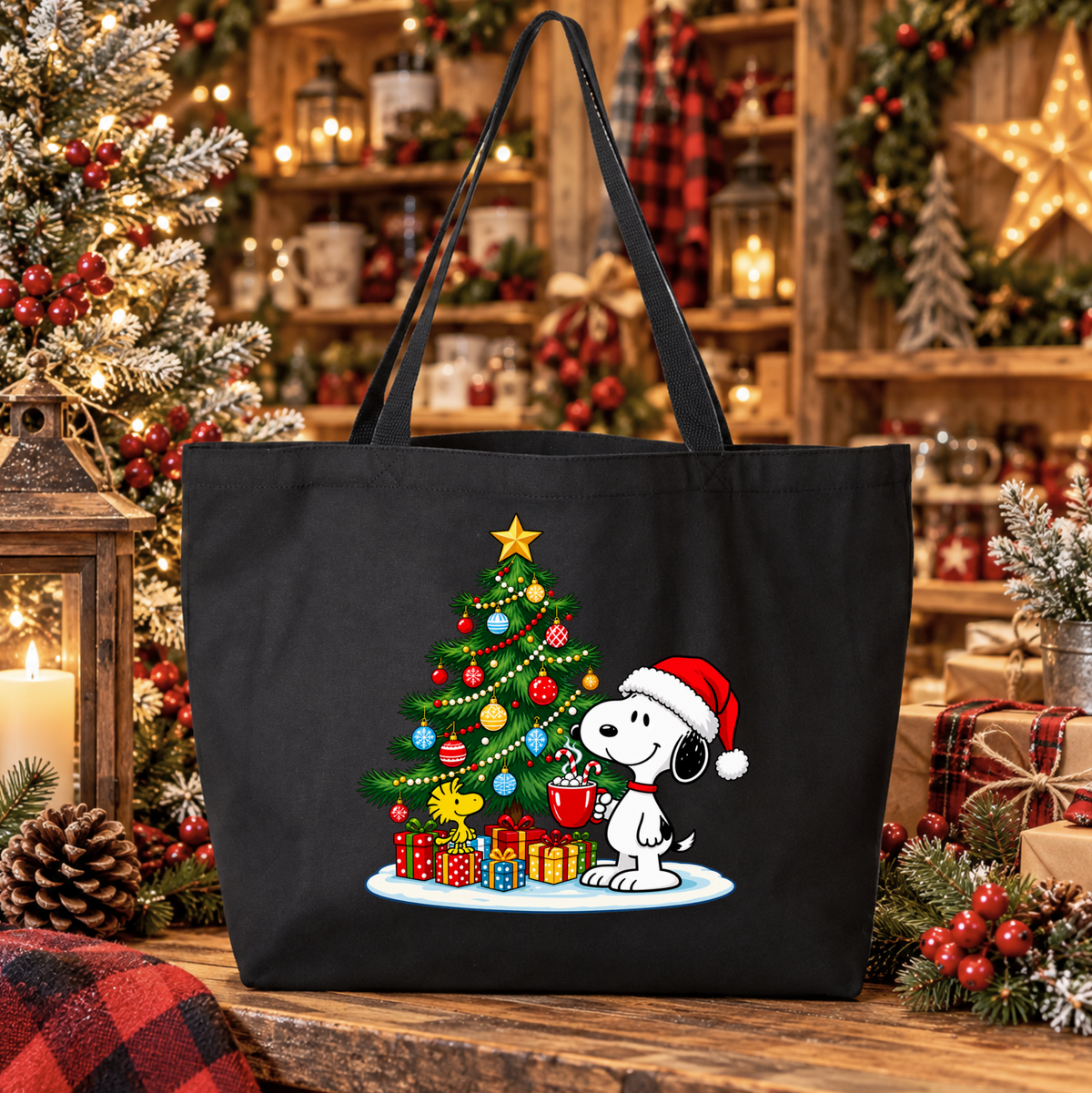 A black canvas tote bag featuring a festive Christmas graphic of Snoopy and Woodstock under a decorated tree with wrapped presents. The bag is displayed on a rustic wooden table surrounded by holiday decorations, including a lit Christmas tree, lanterns, and plaid textiles.