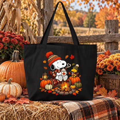 black canvas tote bag with a graphic design that has snoopy sitting at campfire looking cozy at fall time with autumn leaves and pumpkins