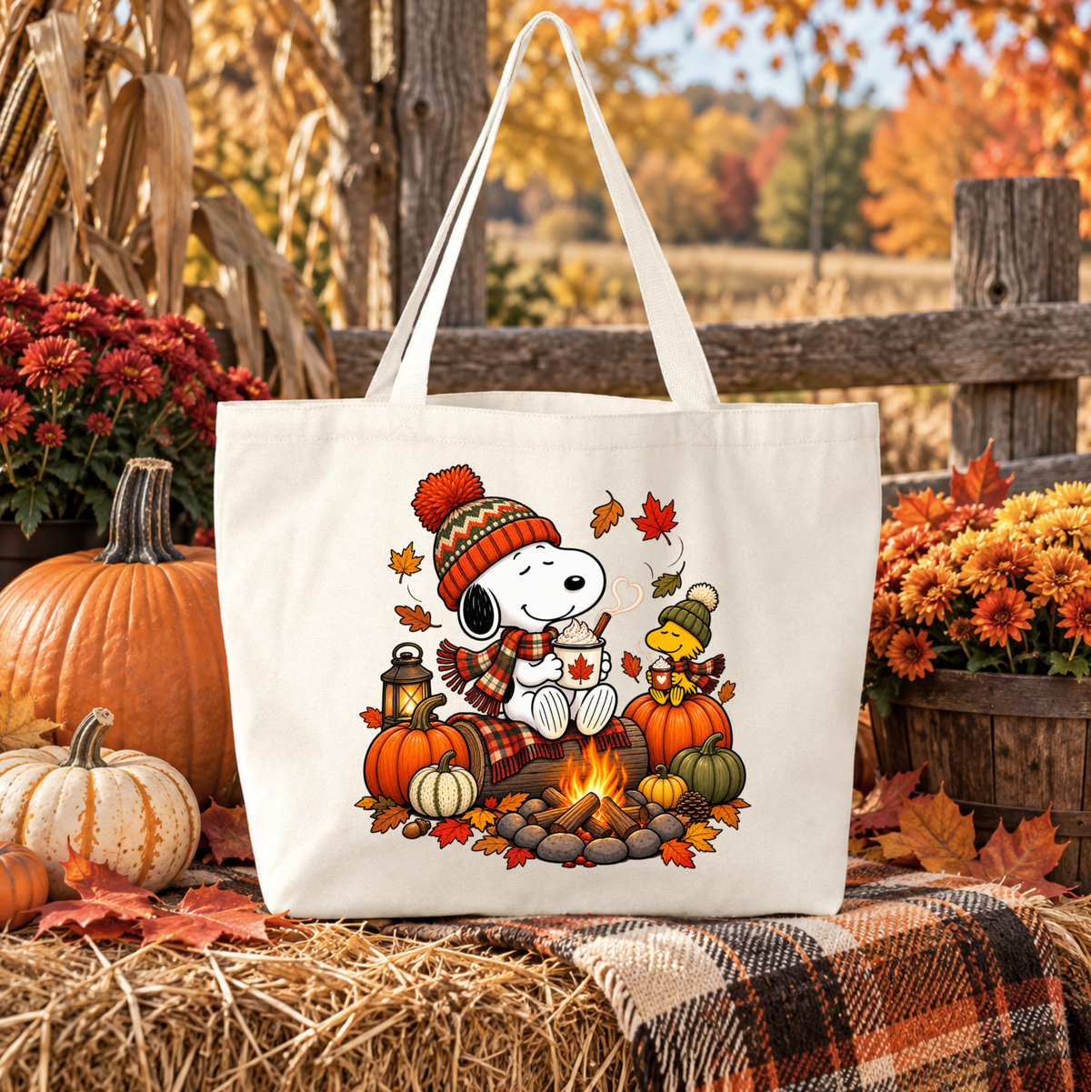 beige canvas tote bag with a graphic design that has snoopy sitting at campfire looking cozy at fall time with autumn leaves and pumpkins