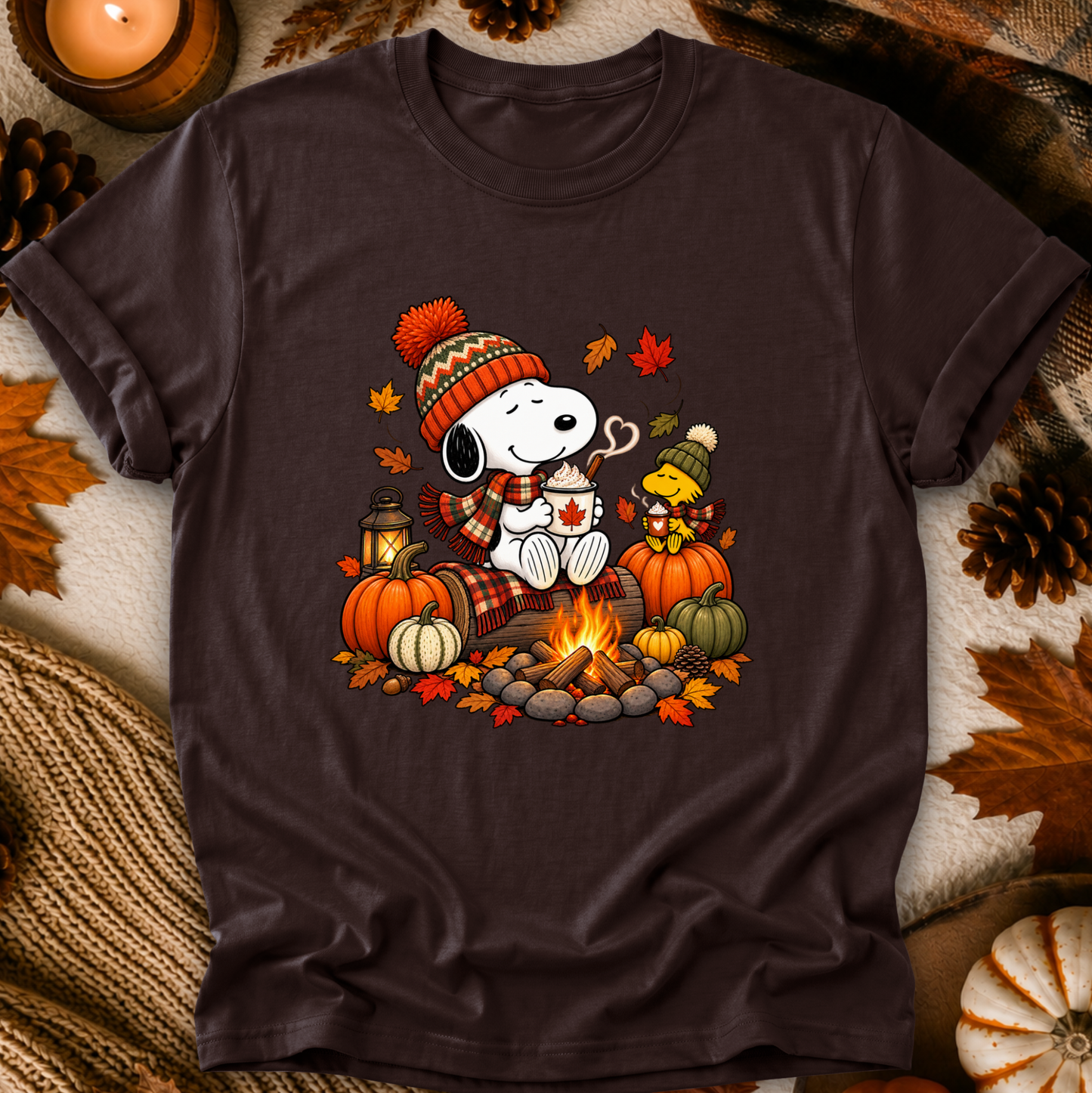 A dark brown short-sleeve t-shirt featuring a festive autumn graphic of Snoopy and Woodstock by a campfire with pumpkins, fall leaves, and a cozy sweater. The shirt is displayed in a flat-lay arrangement with a candle, pinecones, and autumn leaves.