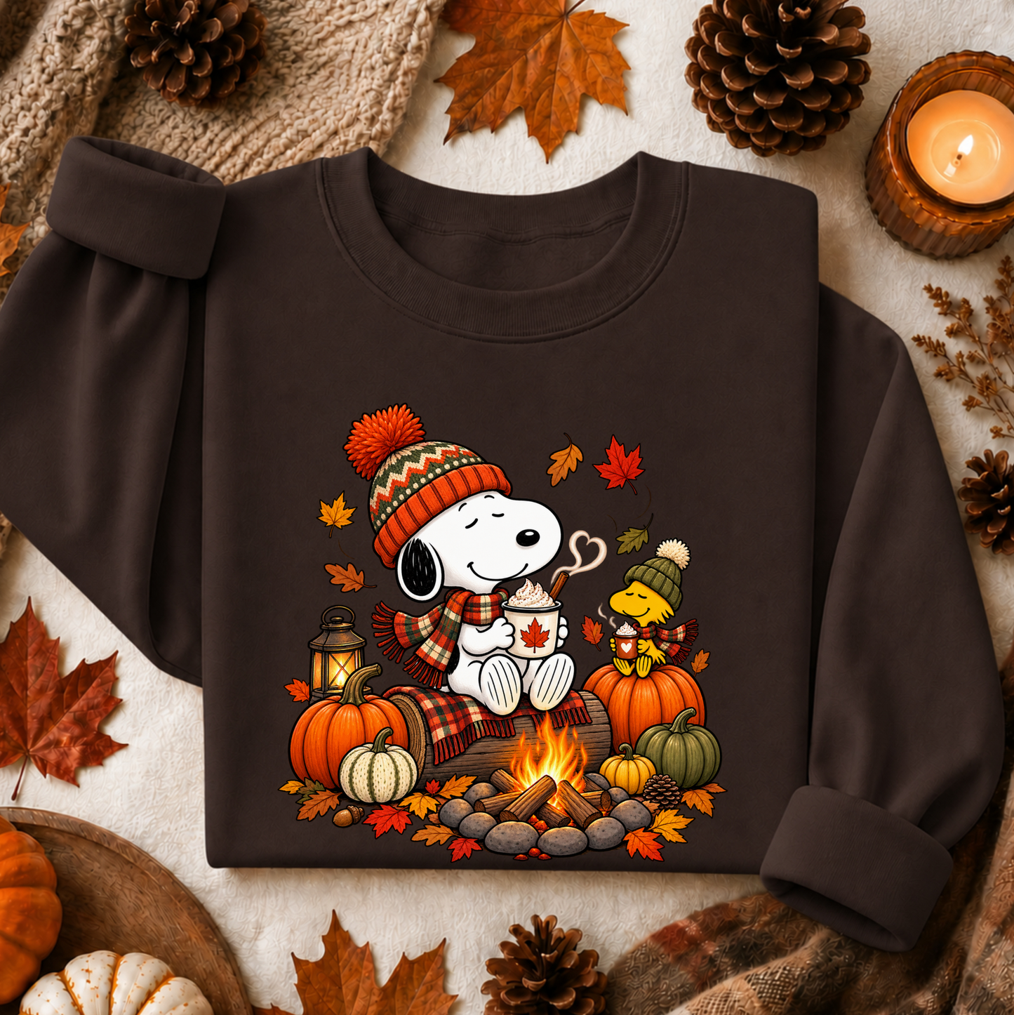 A dark brown crewneck sweatshirt featuring a colorful graphic of Snoopy and Woodstock by a campfire with pumpkins, autumn leaves, and a knit hat. The sweatshirt is styled in a flat lay with fall-themed props including pinecones, a lit candle, and leaves.
