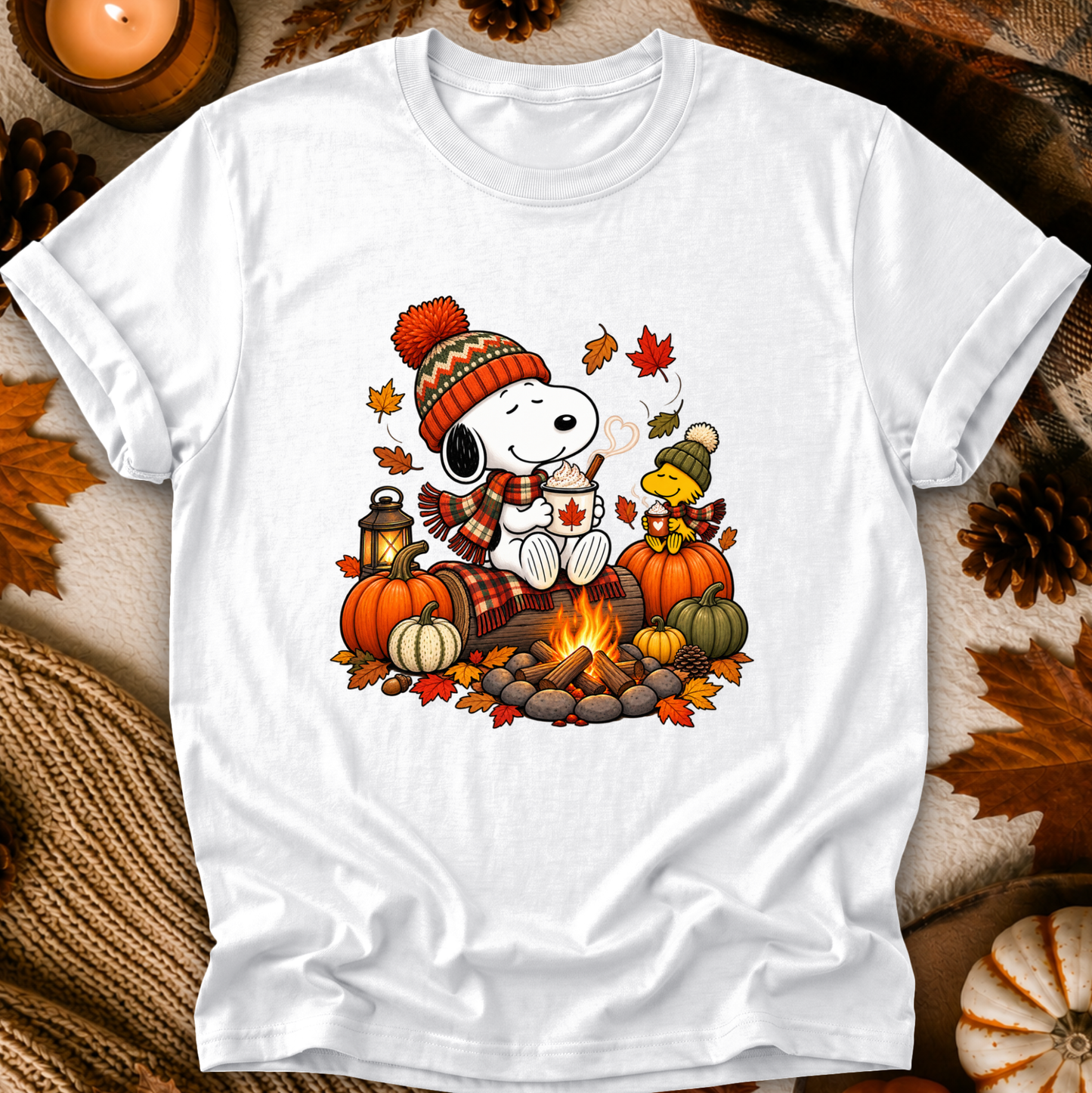 A white short-sleeve crewneck t-shirt featuring a colorful autumn graphic of Snoopy and Woodstock by a campfire with pumpkins, leaves, and a lantern, presented in a flat-lay with fall-themed props.