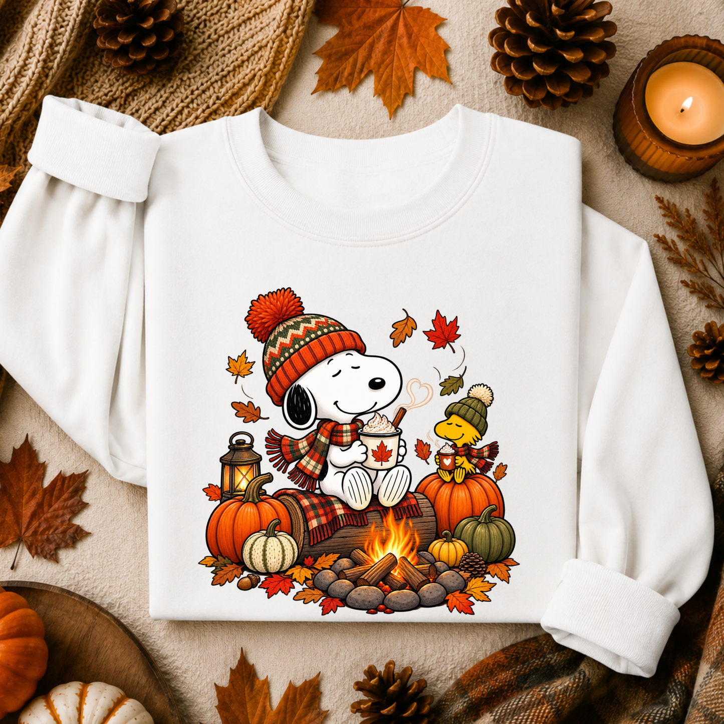 A white long-sleeve sweatshirt laid flat on a cozy autumn-themed background. The front features a colorful cartoon graphic of Snoopy wearing a knit hat and scarf, sitting by a campfire with pumpkins, fall leaves, and a small yellow bird character.