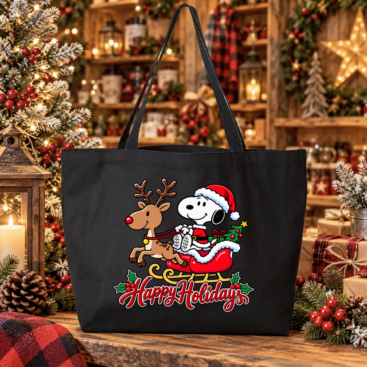a black canvas tote bag with a christmas graphic of snoopy riding in santa's sleigh in his costume pulled by a reindeer and says happy holidays