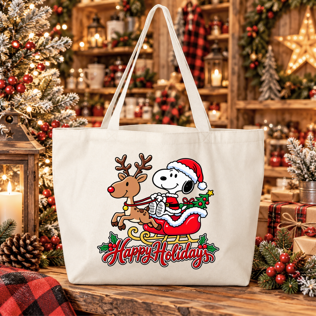 a beige canvas tote bag with a christmas graphic of snoopy riding in santa's sleigh in his costume pulled by a reindeer and says happy holidays