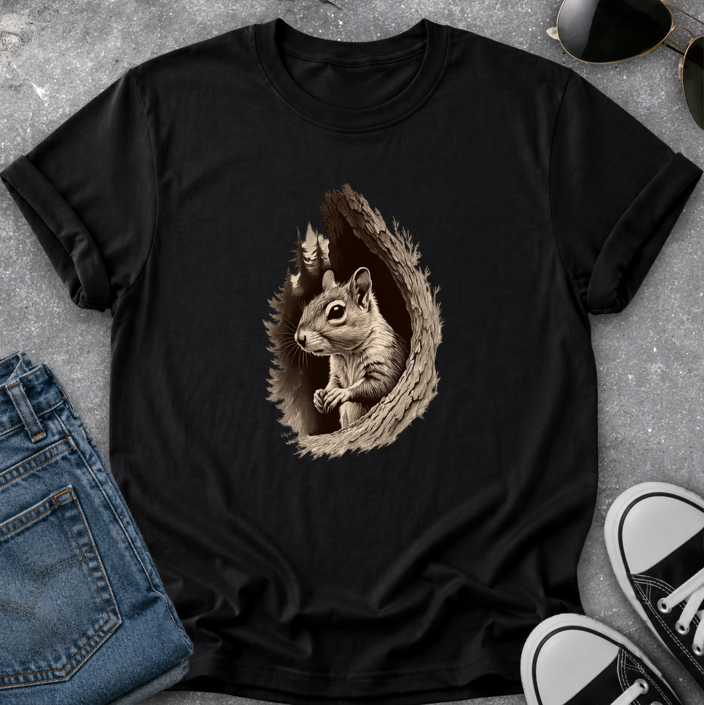A black short-sleeve crewneck t-shirt laid flat on a gray textured surface, featuring a detailed graphic of a squirrel peeking out of a tree branch. The shirt is styled with folded blue jeans, sunglasses, and black-and-white sneakers.