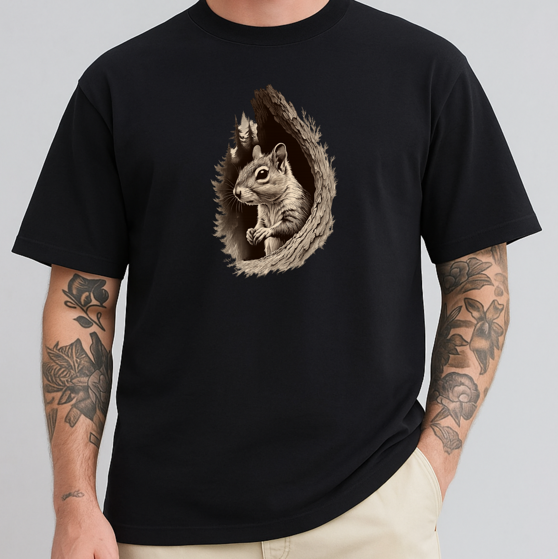 A man wearing a black short-sleeve t-shirt with a detailed graphic of a squirrel peeking out of a tree branch on the chest, set against a plain light gray background.