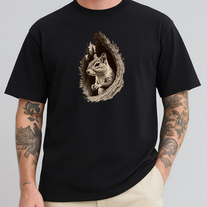 A man wearing a black short-sleeve t-shirt with a detailed graphic of a squirrel peeking out of a tree branch on the chest, set against a plain light gray background.