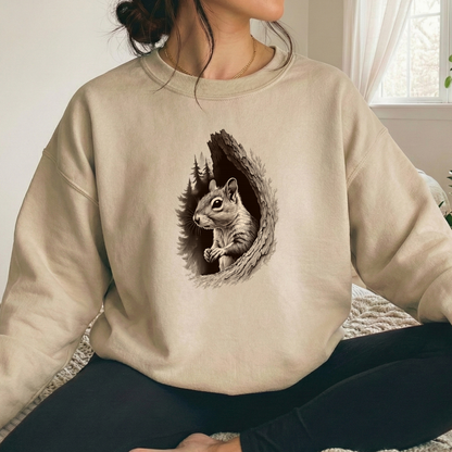 A person wearing a beige crewneck sweatshirt with a detailed graphic of a squirrel peeking out of a tree hole, paired with black pants in a bright indoor setting.
