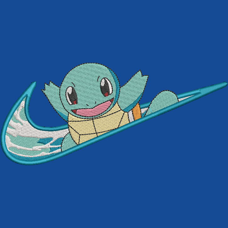 royal blue background with embroidered pokemon squirtle character on a swoosh