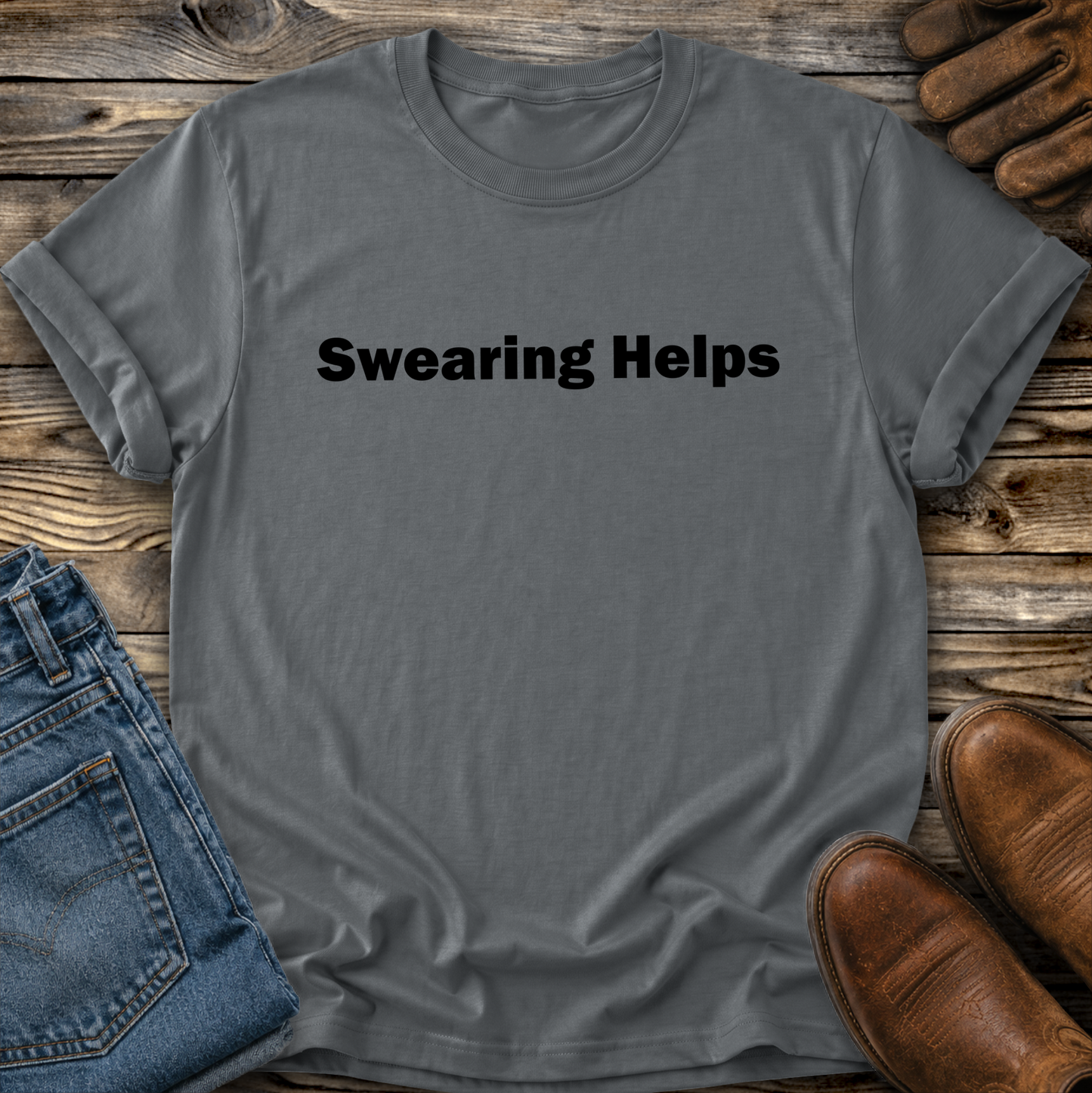gray tshirt that says swearing helps