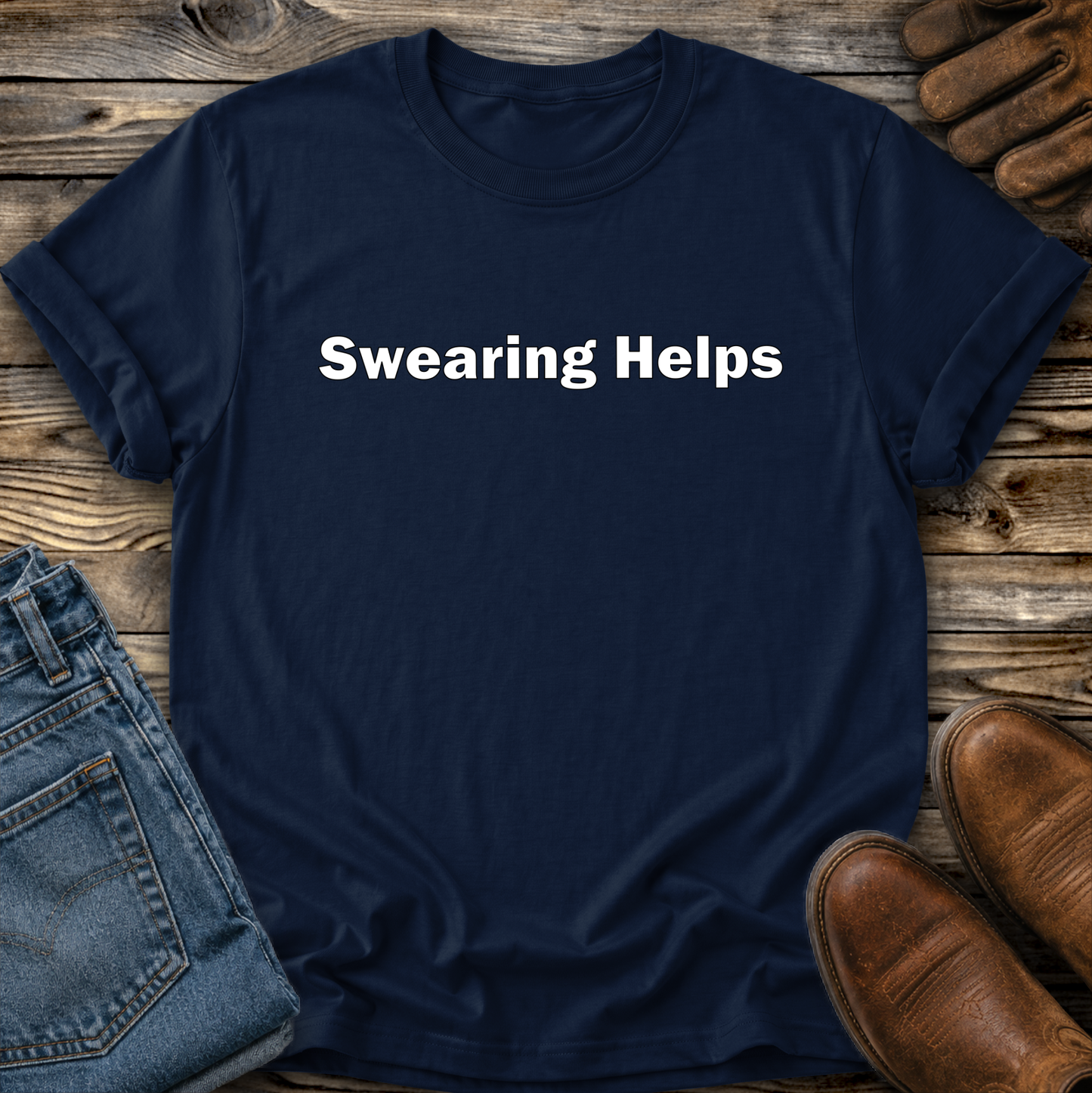 navy tshirt that says swearing helps