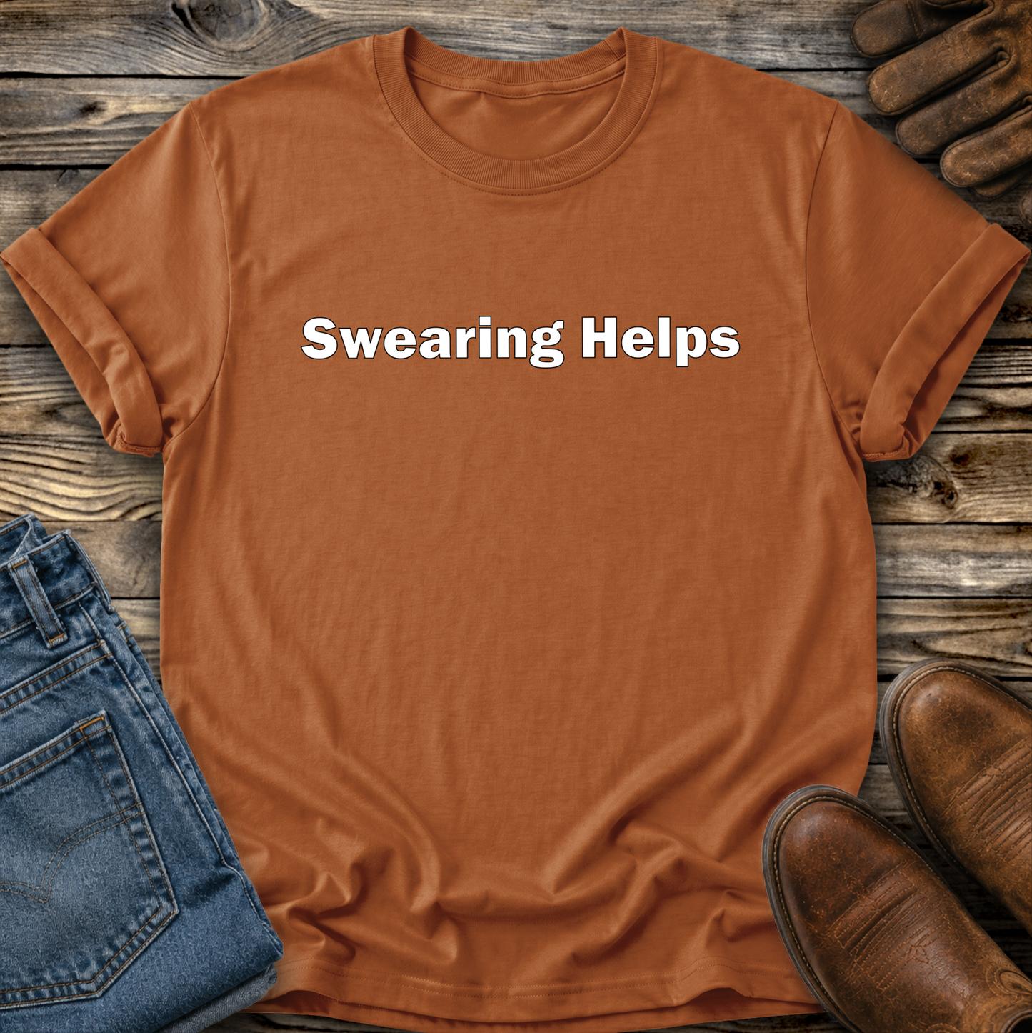 orange tshirt that says swearing helps