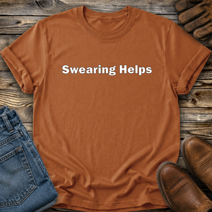 orange tshirt that says swearing helps