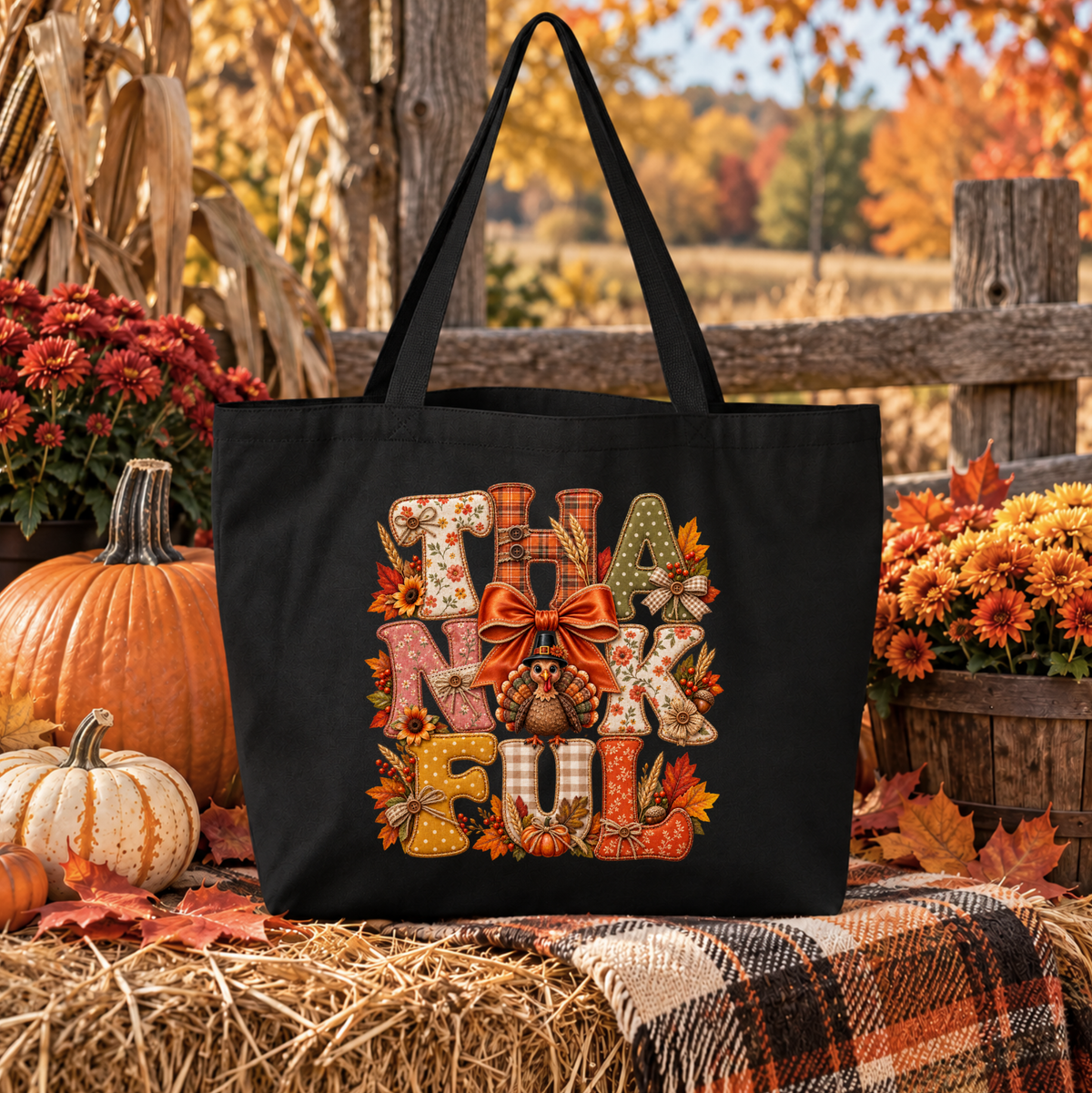 A black canvas tote bag with a large 'THANKFUL' lettering design featuring autumn motifs, displayed on a hay bale with pumpkins, flowers, and a plaid blanket in an outdoor fall setting.