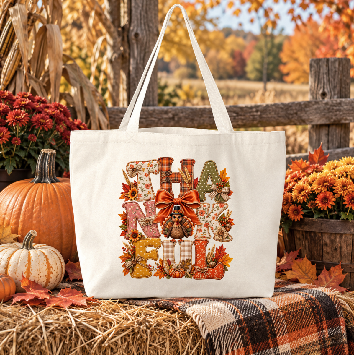 A white canvas tote bag with a large 'THANKFUL' lettering design featuring autumn motifs, displayed on a hay bale with pumpkins, flowers, and a plaid blanket in an outdoor fall setting.