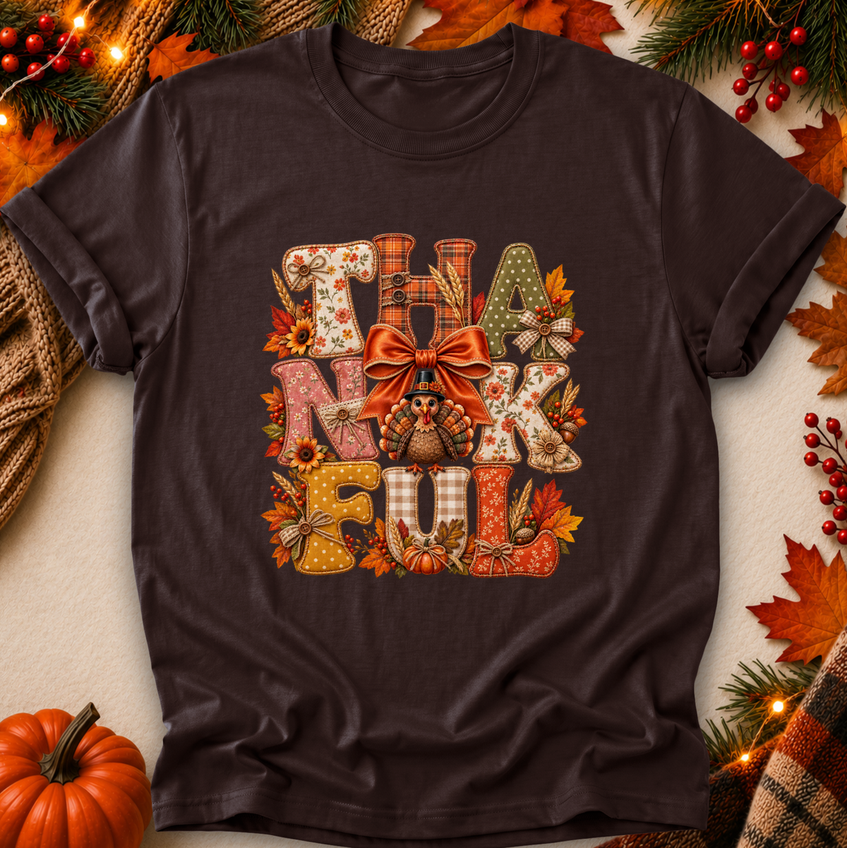 A dark brown short-sleeve t-shirt with a colorful 'THANKFUL' autumn-themed graphic print, styled in a flat-lay with fall decorations including a pumpkin, pine branches, and leaves.