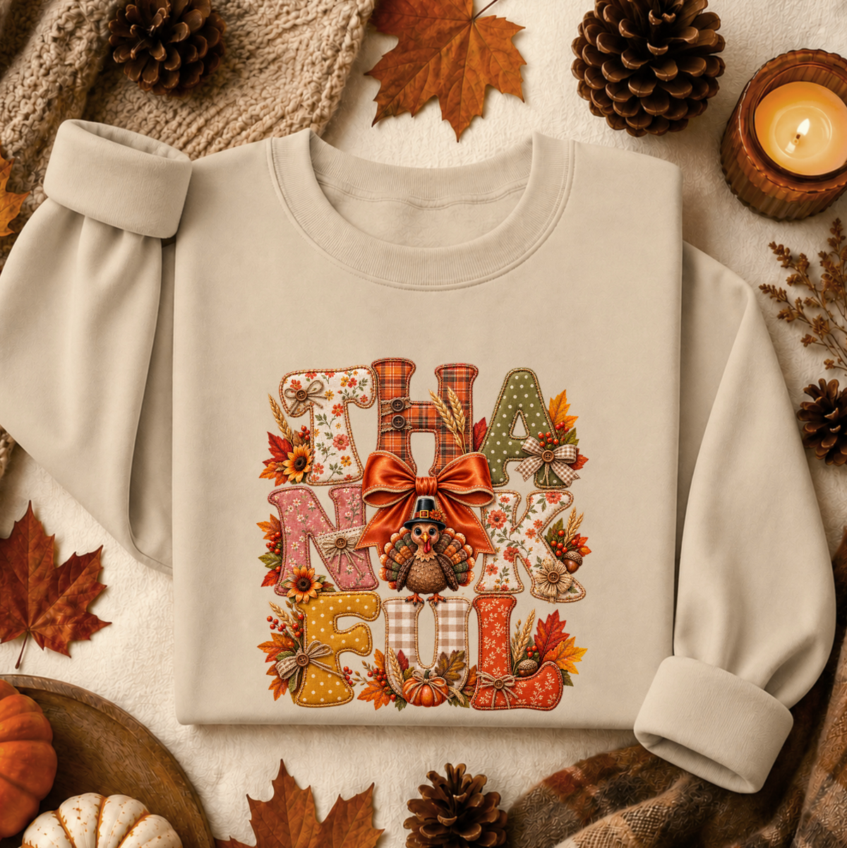 A folded cream-colored sweatshirt with rolled cuffs, featuring a colorful 'Thanksgiving' graphic made of patterned letters, autumn leaves, pumpkins, and two turkeys with an orange bow. The sweatshirt is styled in a cozy flat-lay arrangement with pinecones, fall leaves, a candle, and a knit blanket.