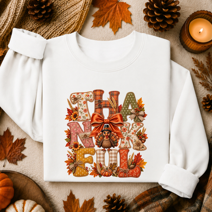 A white long-sleeve sweatshirt laid flat with a large autumn-themed 'THANKsgiving' graphic on the front, surrounded by fall props including pinecones, leaves, pumpkins, and a candle.