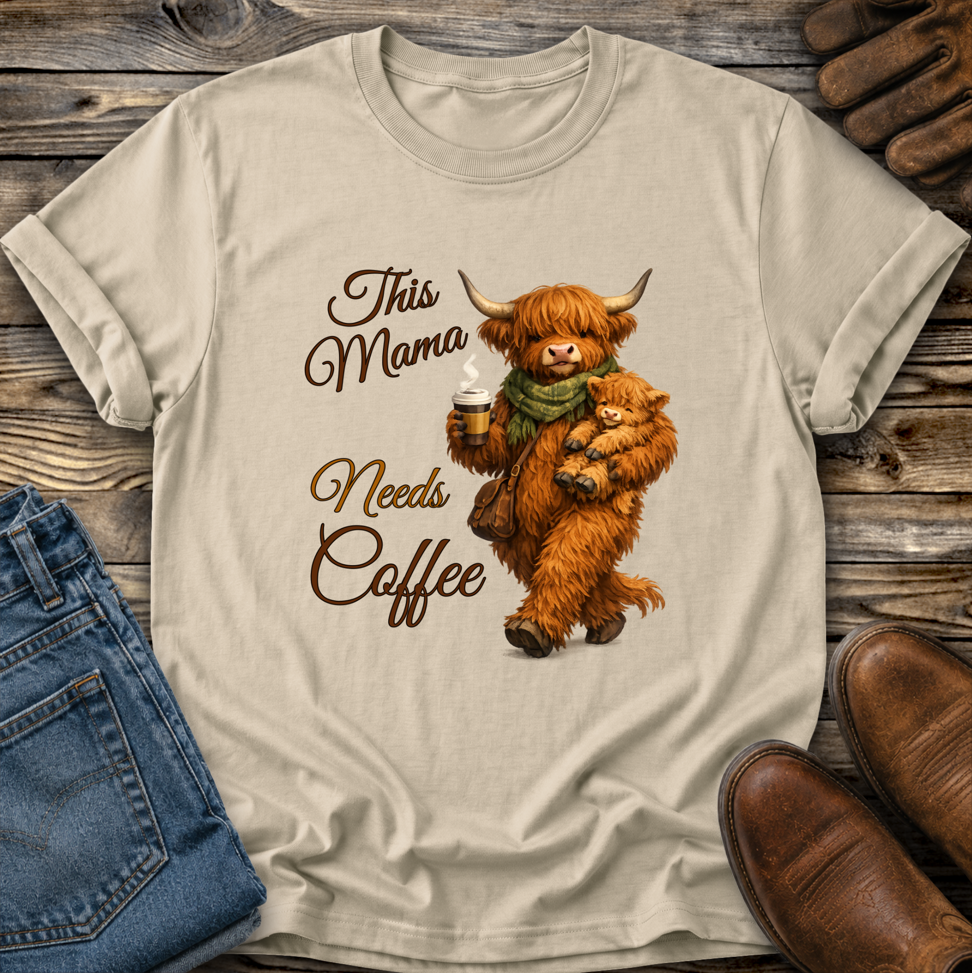 beige tshirt with a highland cow holding her calf and a cup of coffee that says this mama needs coffee