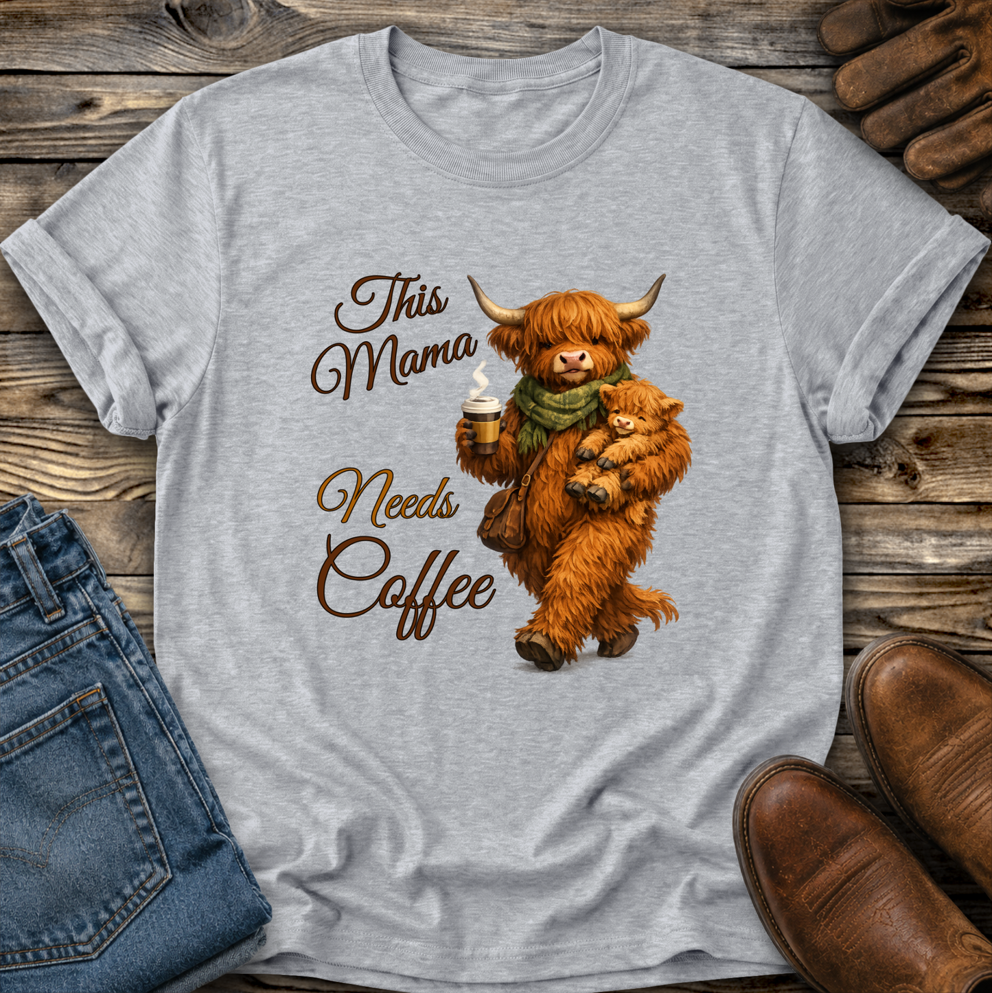 gray tshirt with a highland cow holding her calf and a cup of coffee that says this mama needs coffee