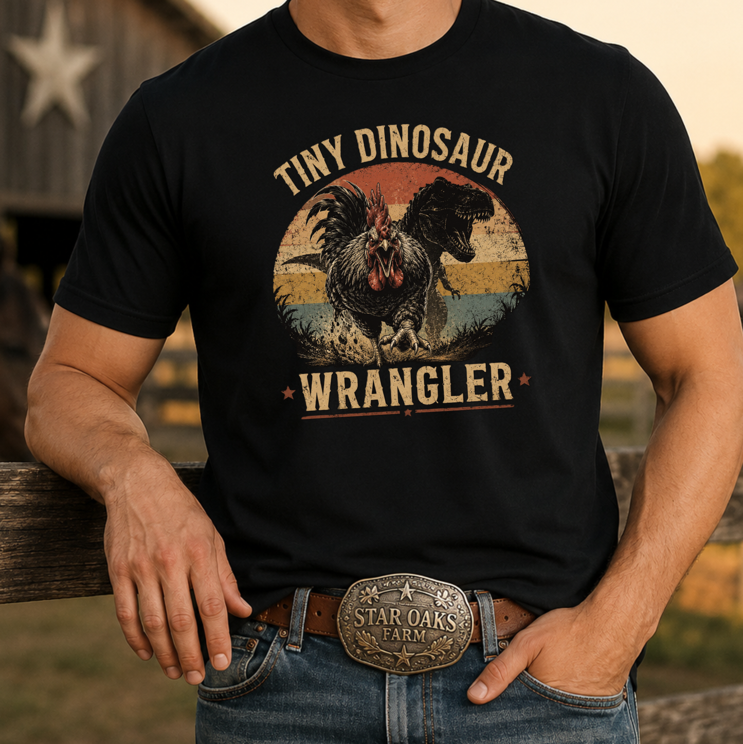 man wearing a black tshirt with a distressed graphic of a angry chicken and dinosaur that says tiny dinosaur wrangler