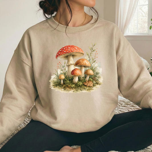 A woman wearing a beige crewneck sweatshirt with a detailed graphic of red and orange mushrooms on a bed in a brightly lit room.