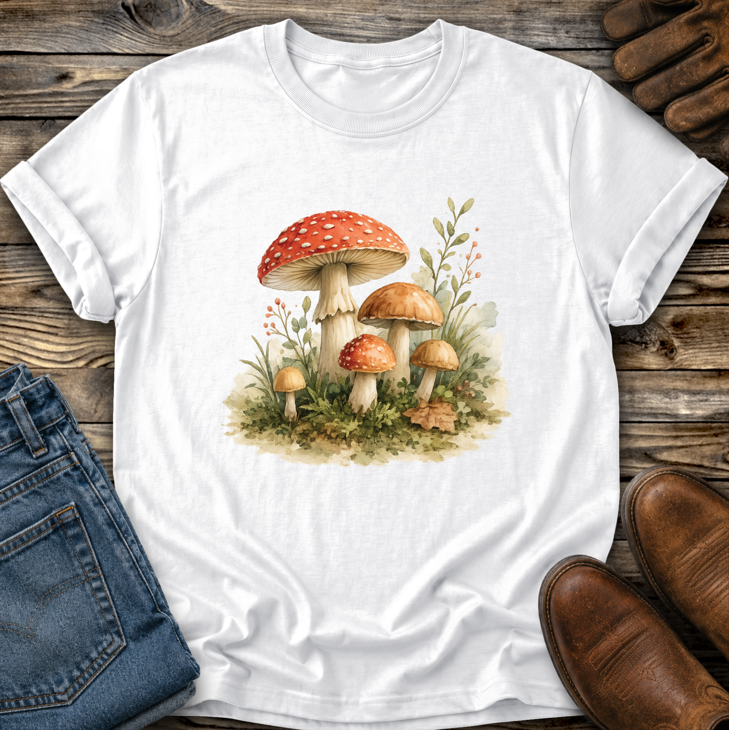 A white short-sleeve crewneck T-shirt laid flat on a rustic wooden surface, featuring a colorful watercolor-style mushroom print on the front. The shirt is styled with folded blue jeans on the left and brown leather shoes on the right.