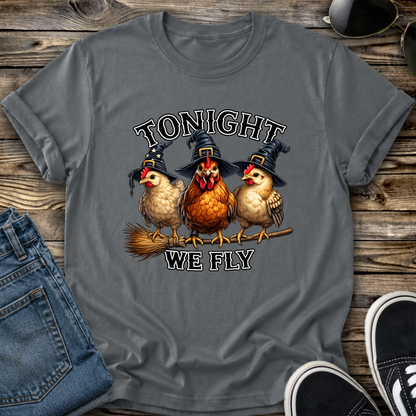 gray tshirt with funny chicken witches on a broomstick graphic design that says tonight we fly