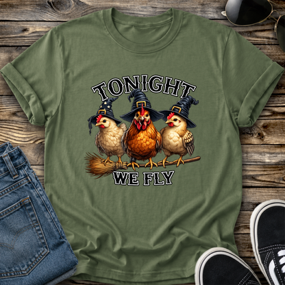 green tshirt with funny chicken witches on a broomstick graphic design that says tonight we fly