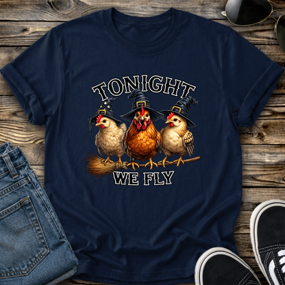 navy tshirt with funny chicken witches on a broomstick graphic design that says tonight we fly