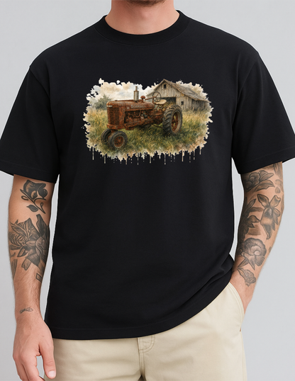 Tractor Graphic Tee T-shirt or Sweatshirt ADULT Unisex Hoodie / Crewneck Watercolor Barn And Rusty Farmall Tractor