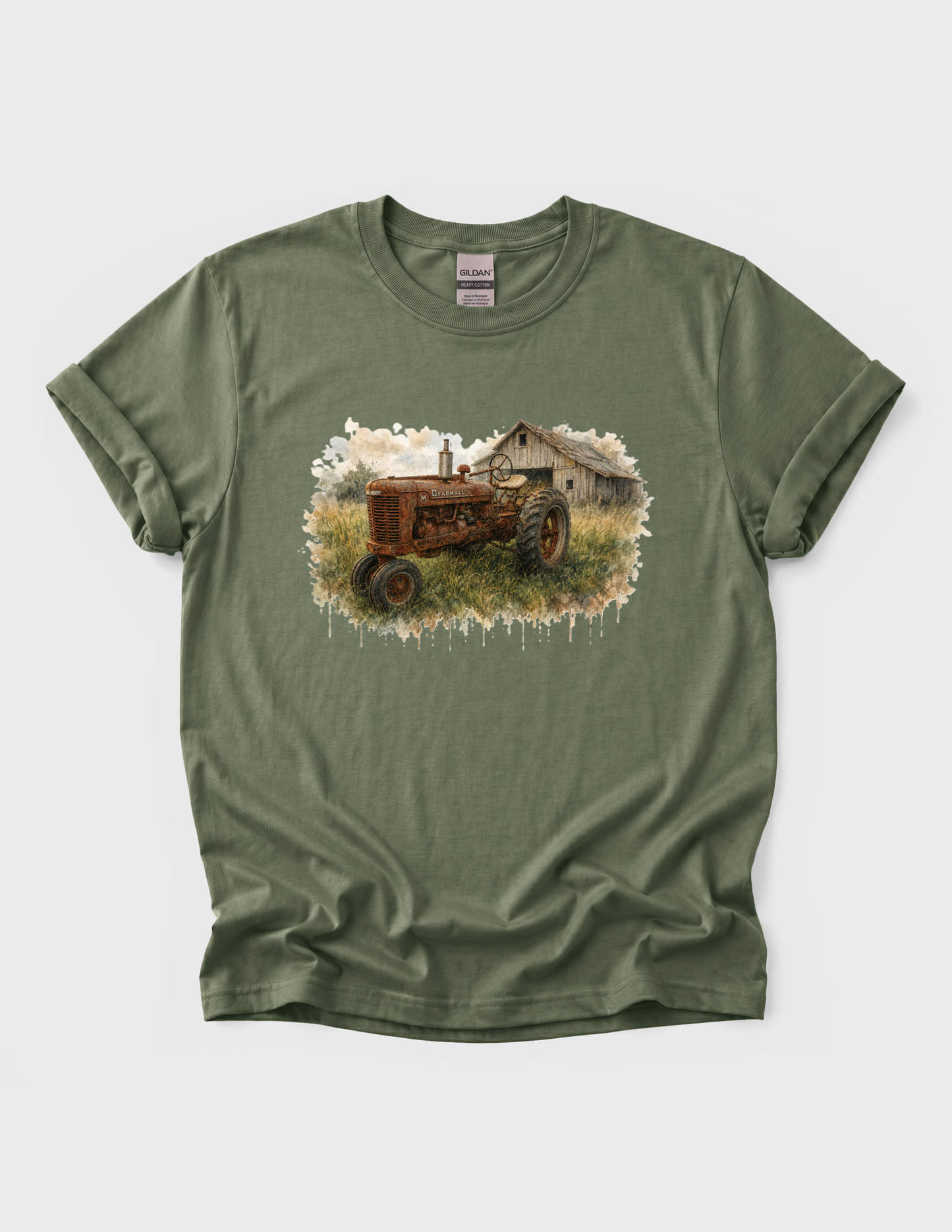 Tractor Graphic Tee T-shirt or Sweatshirt ADULT Unisex Hoodie / Crewneck Watercolor Barn And Rusty Farmall Tractor