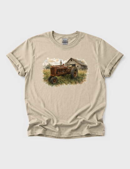 Tractor Graphic Tee T-shirt or Sweatshirt ADULT Unisex Hoodie / Crewneck Watercolor Barn And Rusty Farmall Tractor
