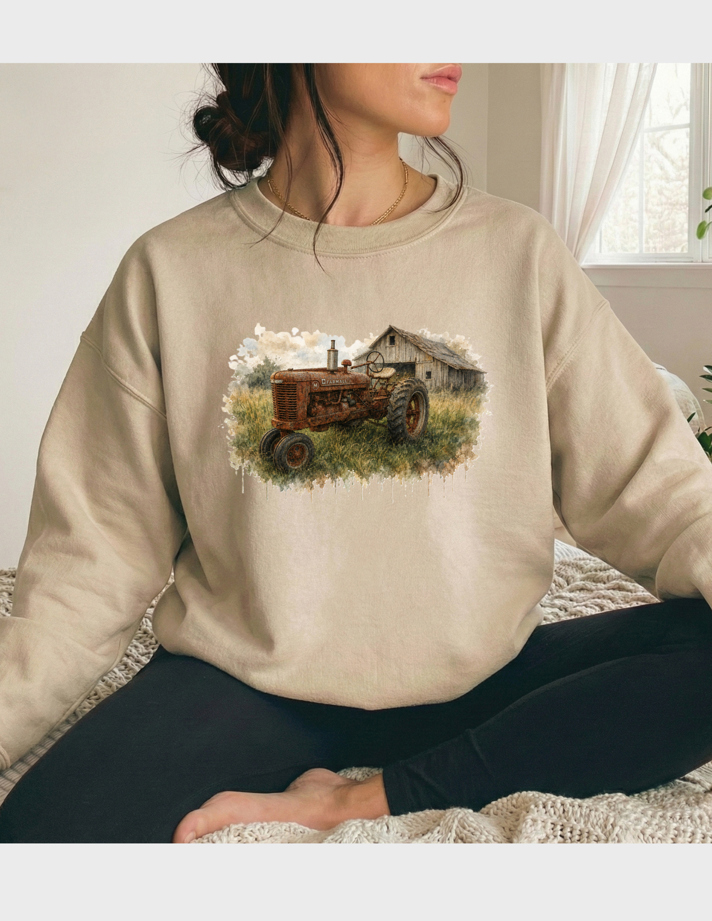 Tractor Graphic Tee T-shirt or Sweatshirt ADULT Unisex Hoodie / Crewneck Watercolor Barn And Rusty Farmall Tractor