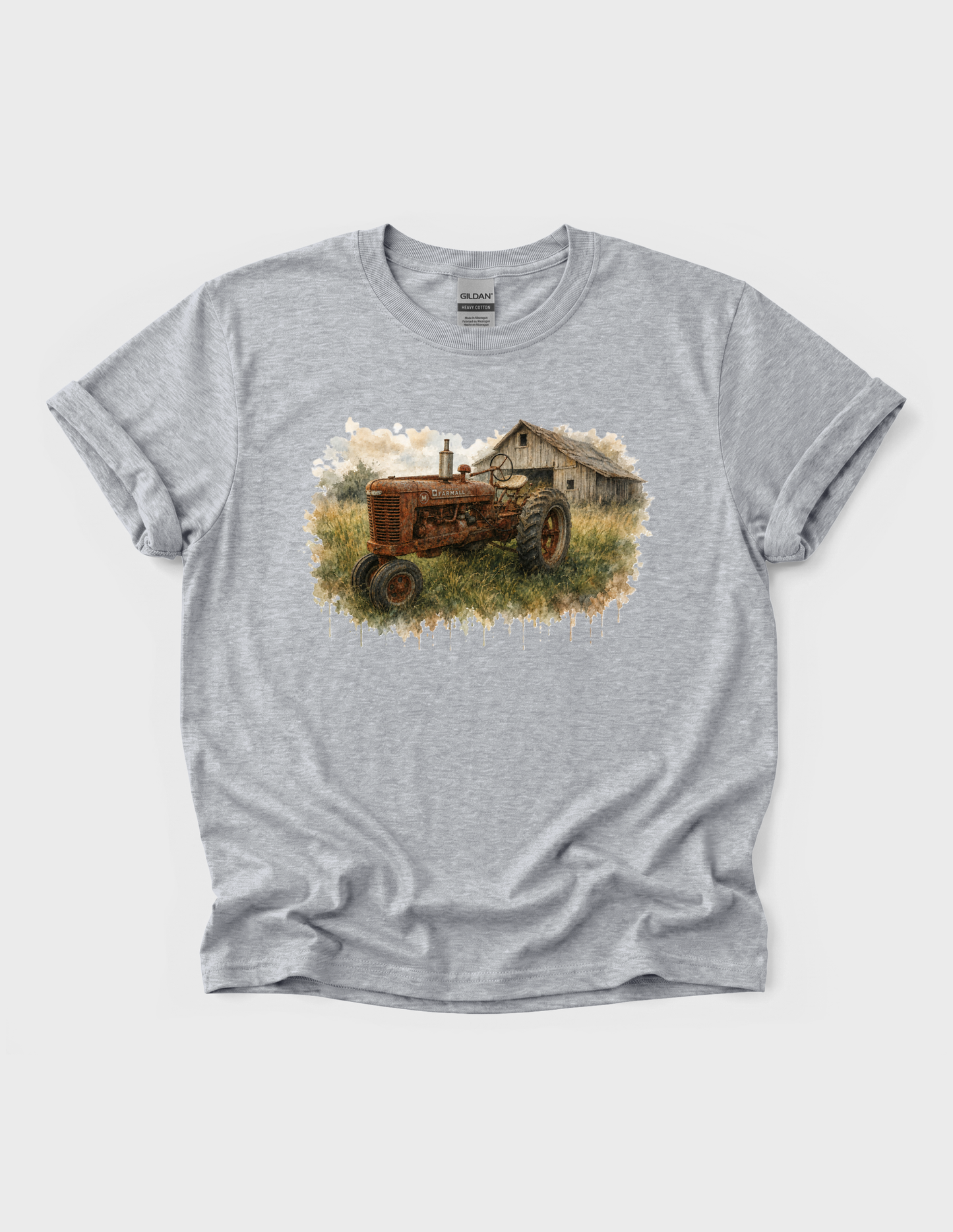 Tractor Graphic Tee T-shirt or Sweatshirt ADULT Unisex Hoodie / Crewneck Watercolor Barn And Rusty Farmall Tractor