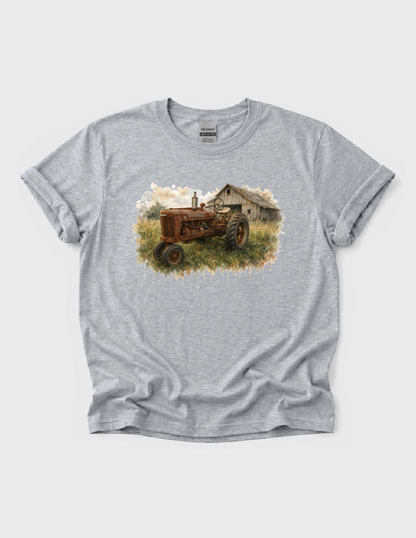 Tractor Graphic Tee T-shirt or Sweatshirt ADULT Unisex Hoodie / Crewneck Watercolor Barn And Rusty Farmall Tractor
