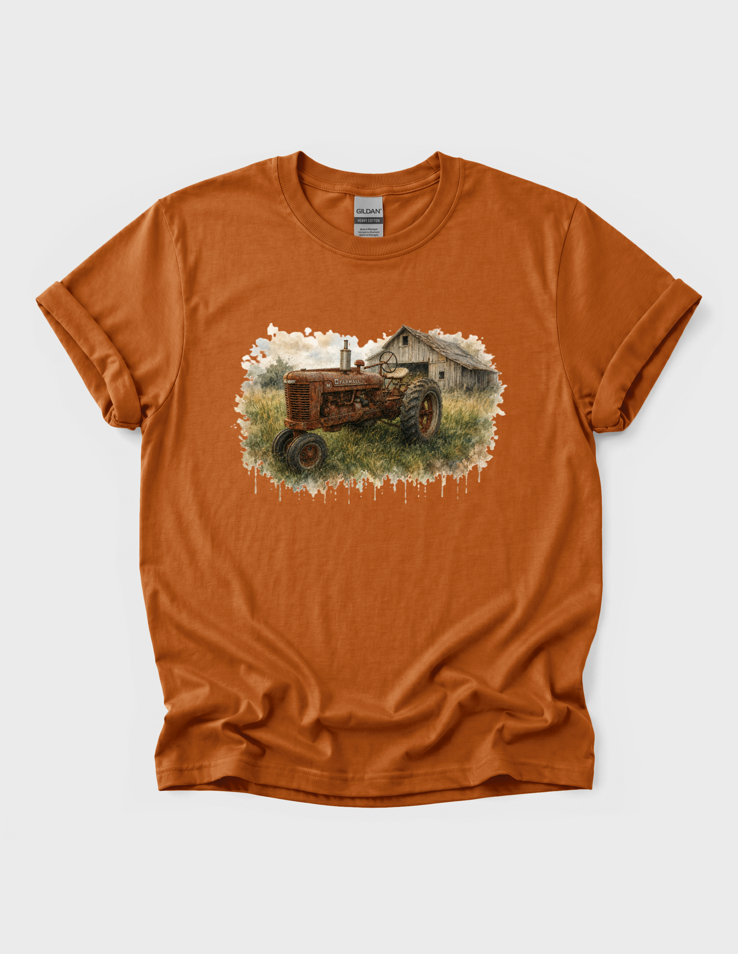 Tractor Graphic Tee T-shirt or Sweatshirt ADULT Unisex Hoodie / Crewneck Watercolor Barn And Rusty Farmall Tractor