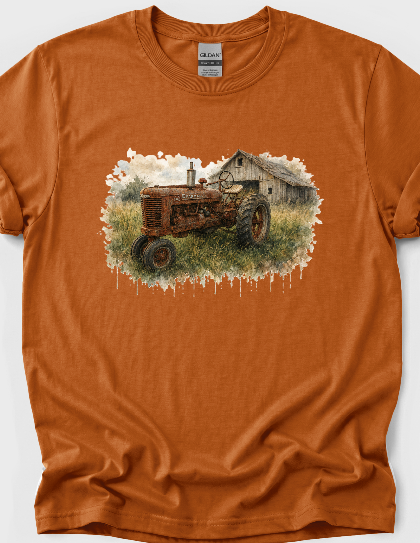 Tractor Graphic Tee T-shirt or Sweatshirt ADULT Unisex Hoodie / Crewneck Watercolor Barn And Rusty Farmall Tractor