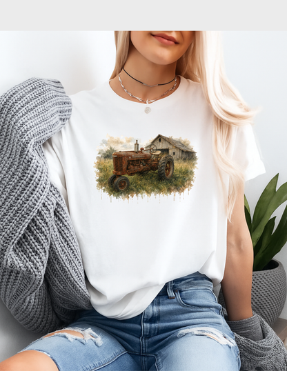 Tractor Graphic Tee T-shirt or Sweatshirt ADULT Unisex Hoodie / Crewneck Watercolor Barn And Rusty Farmall Tractor